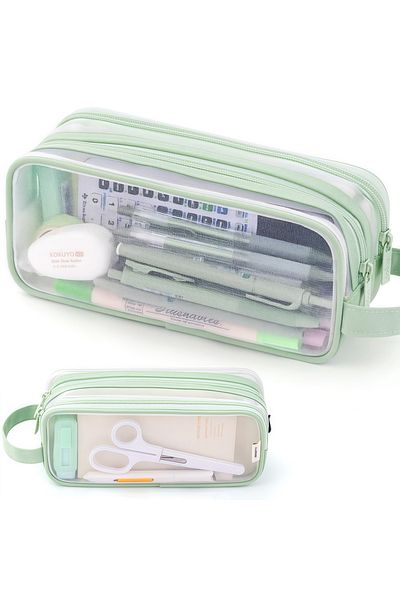 Choice light green Large Mesh Pencil Case Double Layer Transparent Pencil Pouch, Handheld Multifunctional C