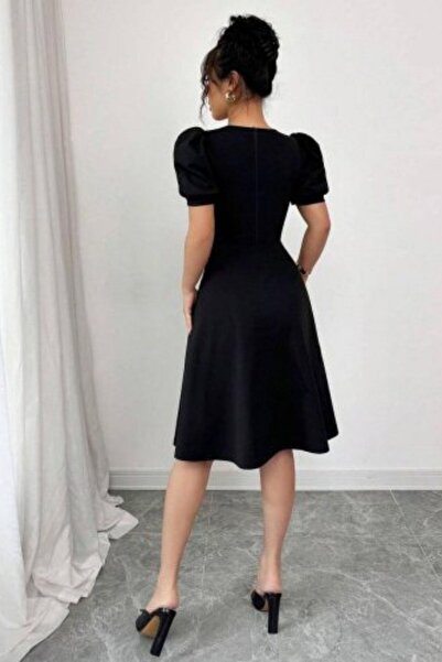 Mossta Μίντι φόρεμα κρεπ με μπαλόνι μανίκια και μπροστινά κουμπιά - Μαύρο