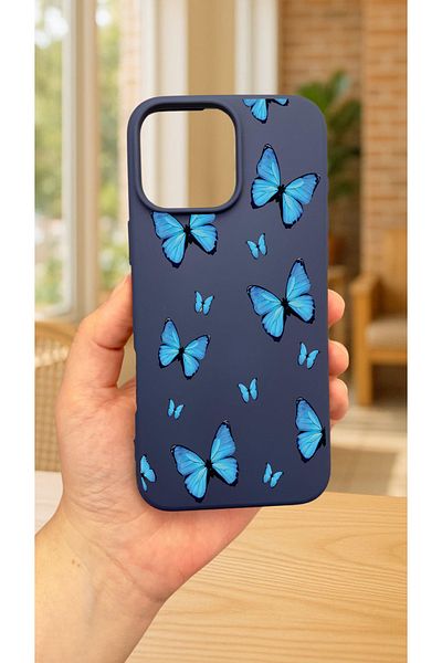 Vip Case iPhone 15 Pro Max - حافظة مطاطية كلاسيكية ممتصة للصدمات من السيليكون بنمط الفراشة الزرقاء277