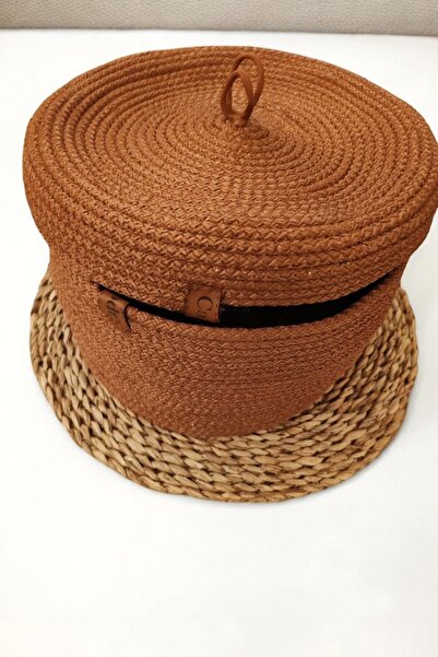 KRAFTELLA سلة ذات غطاء كراميل داكن - صندوق تخزين بحبل بوليستر - منظم منزلي - ...