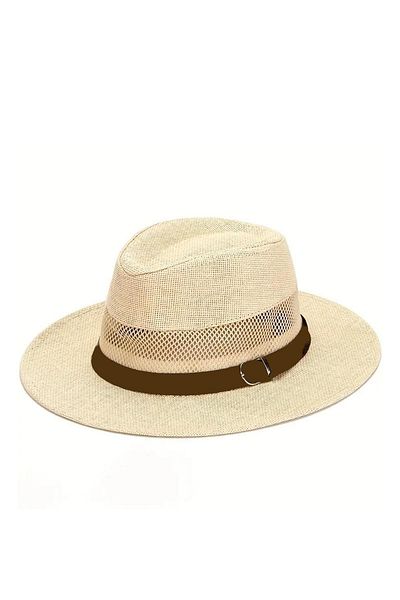Külah Men's Mesh Breathable Faux Leather Striped Straw Panama Hat-Beige