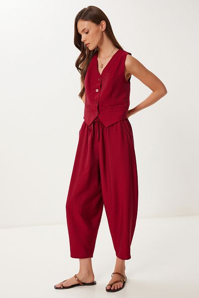 Lovelyİstanbul Set de pantaloni largi Crinkle Vest BORDO LRV0109