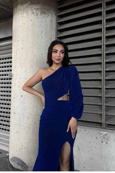 Mossta One Sleeve Waist Low-Cut Slit Glitter Evening Dress - Saks