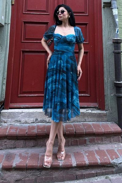 Mossta Short Sleeve Sweetheart Neckline Patterned Tulle Dress - Blue