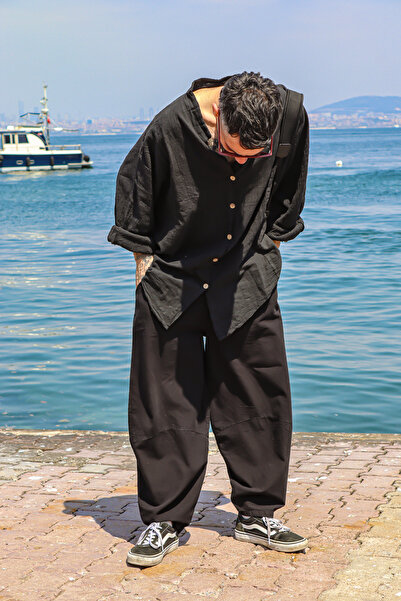 Oiki Keten Siyah Bohem Balon Pantolon – Bol Balon Kesim, Beli Lastikli Rahat ve Şık Tasarım