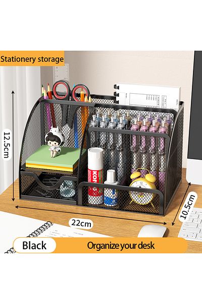Choice Black Mesh Pen Holder and Organizer Office Supplies with 7 Compartments, Desktop Organizer with Draw