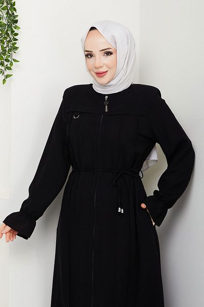 Tesettür Dünyası Λεπτομερής ρίγα Hijab Ferace TSD250199 Μαύρο