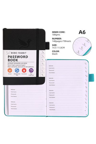 Choice black Alphabetical Tabs Password Book Internet Address Organizer Logbook Secure Website Logins & Boo