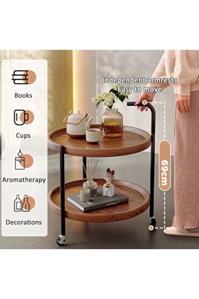 Generic Round Coffee Table with Rolling Wheels, Movable End Table/Bedside Table, 2 Layers Small Trolley for