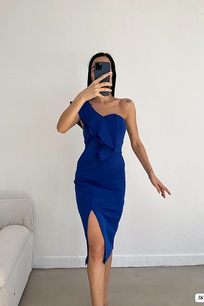 Deafox Saks Blue Scuba Fabric Dress with Flywheel and Slit Detail