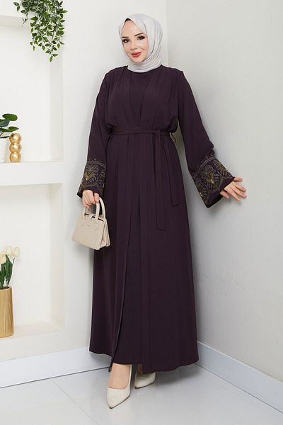 Tesettür Dünyası Σετ Abaya με Κεντητό Εσώρουχο TSD250197 Plum