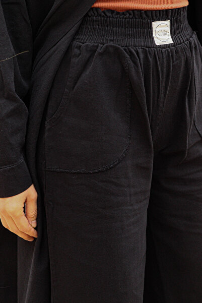 Oiki Siyah Geniş Paçalı Bohem Pantolon – Pamuk Keten Rahat Kesim, Lastikli Bel