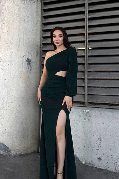 Mossta One Sleeve Waist Low-Cut Slit Glitter Evening Dress - Green