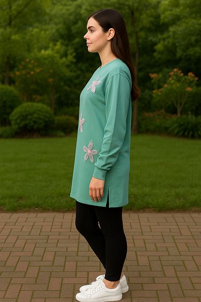 Birol Triko Women's Water Green Slit Tunic with Floral Accessories