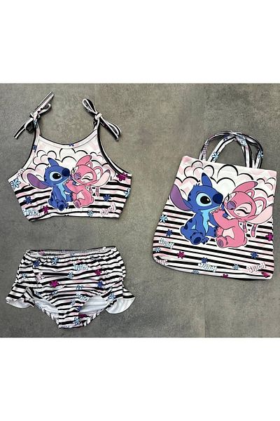 MİNİ İNOWESTA KİDS Girl's Stitch Printed Submersible Fabric Bag Swimsuit Bikini 3-Piece Set Suit