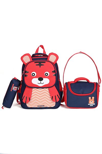 Wander Tiger Patterned 3-Piece School Bag Set – Primary School School Bag + Lunch Box + Pen Holder