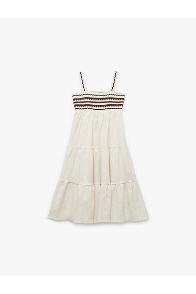 Koton New Season Viscose Linen Blended Loose Fit Layered Square Neck Strap Long Dress