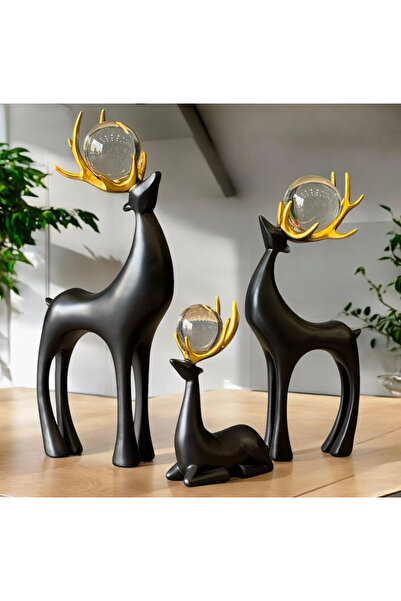 ArzzHome 3'lü Dekoratif Geyik Aksesuar & Biblo Takımı Siyah
