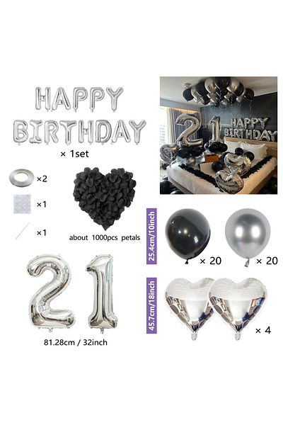 Choice Other Black Silver 21 Black Silver Party Birthday Banner Heart-Shaped Aluminum Foil Balloon Rose Pet