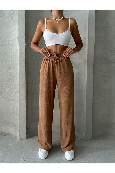 Giyimsel Women's Camel Waist Elastic Palazzo Trousers
