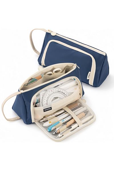 Choice Navy Canvas Triangle Stationery Box, Large Capacity Portable Pencil Pouch Student Stationery Organiz