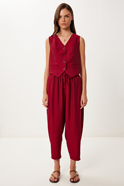 Lovelyİstanbul Crinkle Vest Baggy Trousers Set Claret Red Lrv0109
