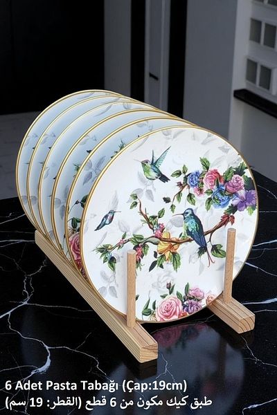 Pinkev 6-Person Ceramic Cake Dessert Plate Set - Bird Pattern