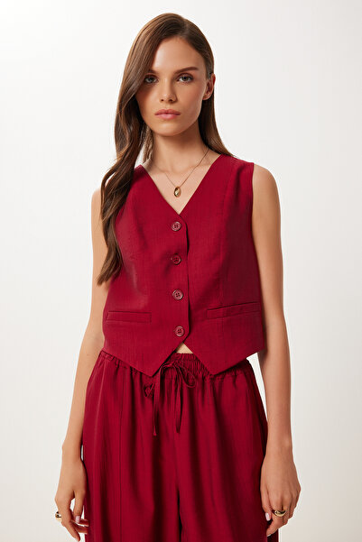 Lovelyİstanbul Crinkle Vest Baggy Trousers Set Claret Red Lrv0109