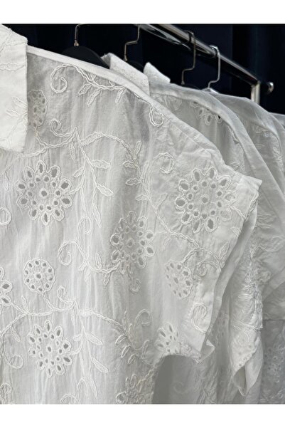 Butik güpür gömlek kısa kol beyaz