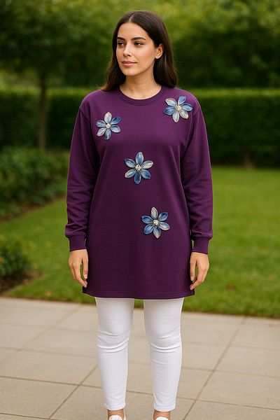 Birol Triko Women's Plum Slit Tunic with Floral Accessories