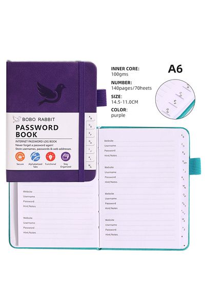 Choice purple Alphabetical Tabs Password Book Internet Address Organizer Logbook Secure Website Logins & Bo