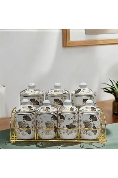 rexa 7-Piece Luxury Porcelain Spice Set – Gold Gilded Versace-Inspired White Storage Jars with Stand