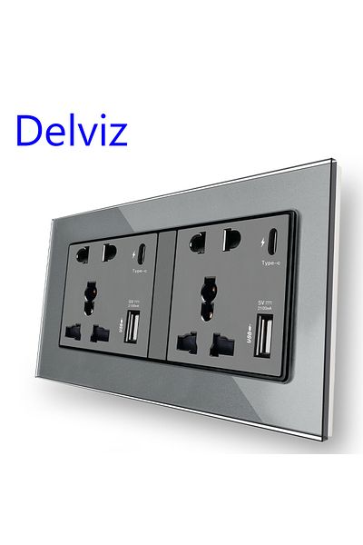 DELVIZ 110-250V Grey Delviz Type C Wall USB Socket, Crystal glass panel,2A USB Power port, Universal Dual S