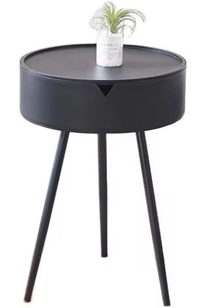 Generic Round Side Table with Triangle Metal Legs, Coffee Table with Storage Shelf, Bedside Table, Black Col