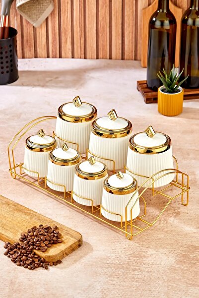 rexa طقم تخزين توابل فاخر من البورسلين الأبيض من فيرساتشي، مكون من 7 قطع، مطلي بالذهب والبورسلين الذهبي