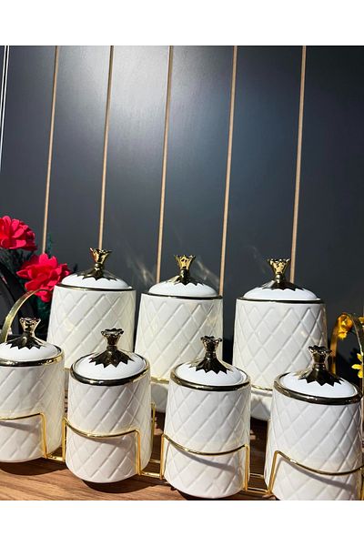 rexa 7-Piece Luxury Porcelain Spice Set – Gold Gilded Versace-Inspired White Storage Jars with Stand