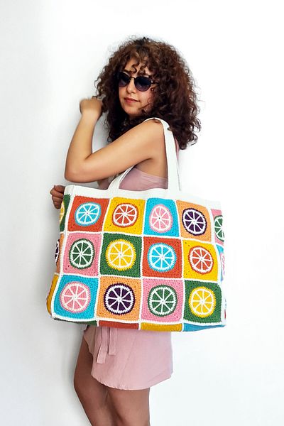 Zone Design Store Hand Knitted Beach Bag |   Lemon Patterned Colorful Design