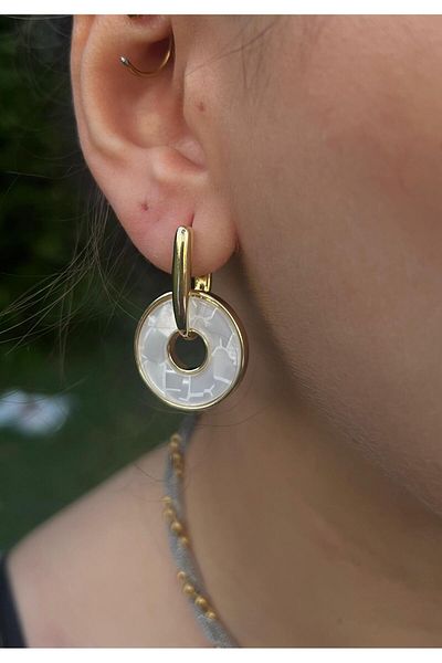 Glowy&Co. Rosette Gold Color Mosaic Hoop Earrings – Tarnish-Free Steel with White Stone