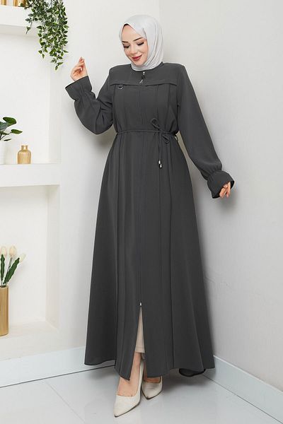 Tesettür Dünyası Stripe Detailed Hijab Ferace Tsd250199 Anthracite