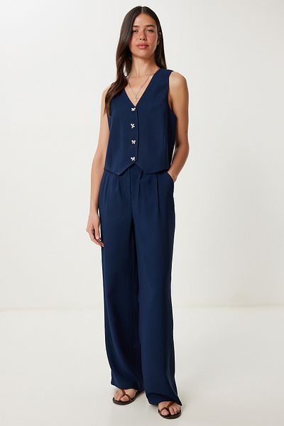 Lovelyİstanbul Bow Button Linen Vest Trousers Suit Dark Blue Lrv0110