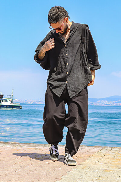 Oiki Keten Siyah Bohem Balon Pantolon – Bol Balon Kesim, Beli Lastikli Rahat ve Şık Tasarım