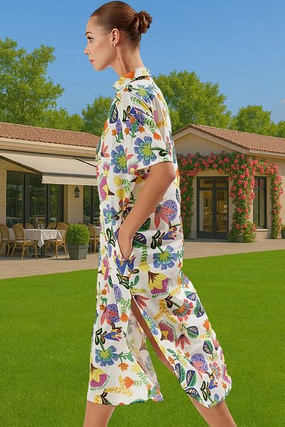 PayBuy Summer Floral Print Midi Cotton Beach Dress Stylish Slit Design Special Design Trend Design