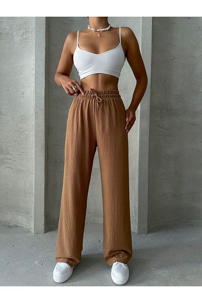 Giyimsel Women's Camel Waist Elastic Palazzo Trousers