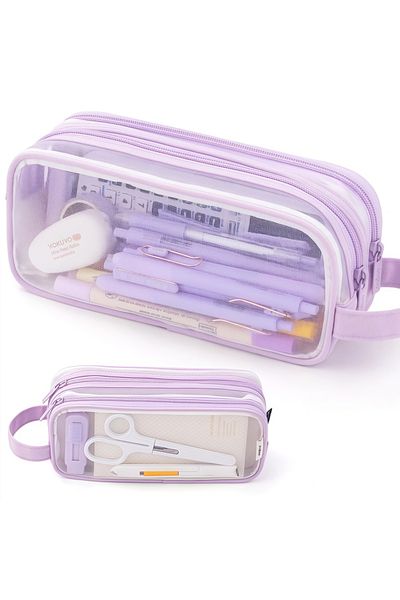 Choice Lavender Large Mesh Pencil Case Double Layer Transparent Pencil Pouch, Handheld Multifunctional Cosm