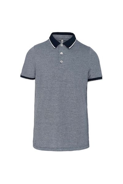 OEM Tricou Polo pentru Barbati, Tip Pique, Bumbac, Dungi bleumarin, Contrastante la Maneci si Guler, Gri