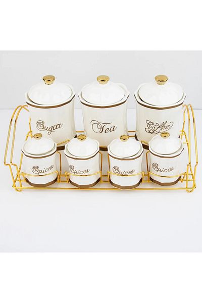 rexa 7-Piece Luxury Porcelain Spice Set – Gold Gilded Versace-Inspired White Storage Jars with Stand