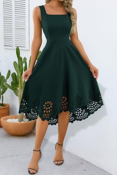 Mossta Square Neck Sleeveless Lace Detailed Midi Dress - Green