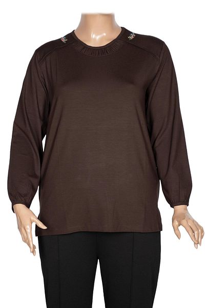 Pıtırcık Cimariva Women's Meyra Large Size O Neck Embroidered Brown Blouse