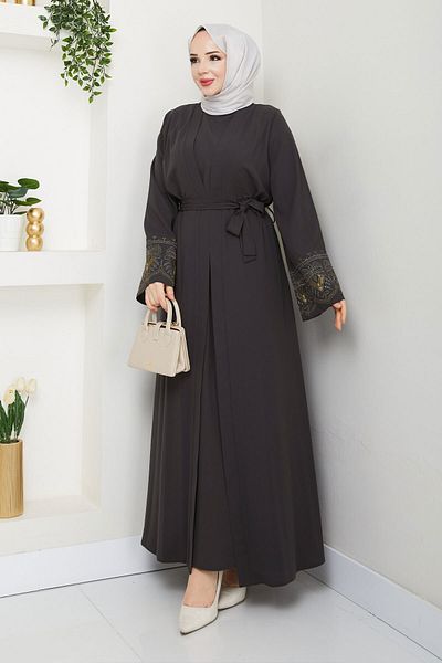Tesettür Dünyası Abaya Suit with Embroidered Inner Dress Tsd250197 Anthracite