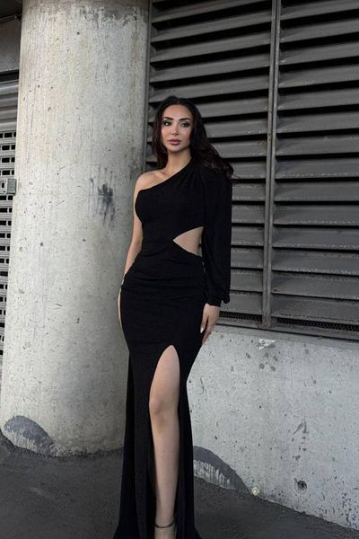 Mossta One Sleeve Waist Low-Cut Slit Glitter Evening Dress - Black